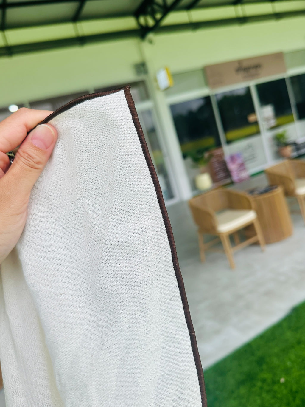 Premium bojagi cloth with brown piping border close-up