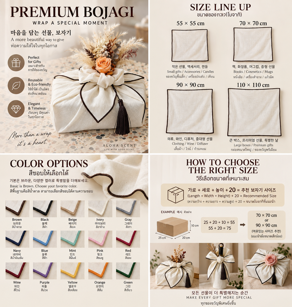 Premium bojagi size lineup, color options, and gift box sizing guide